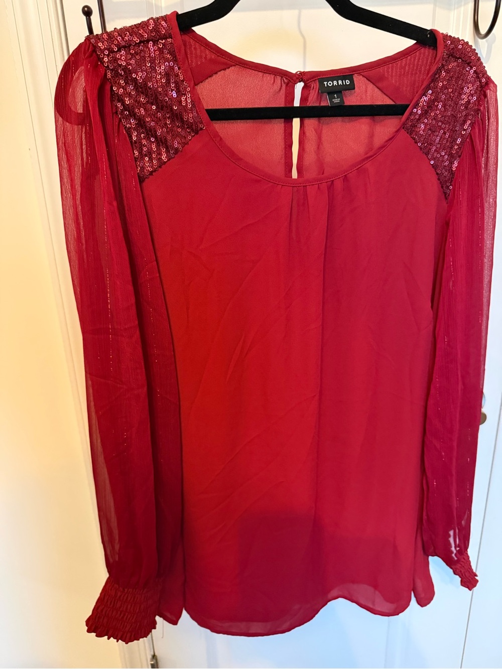 torrid Red Sequin Shoulder Sheer Sleeve Blouse
